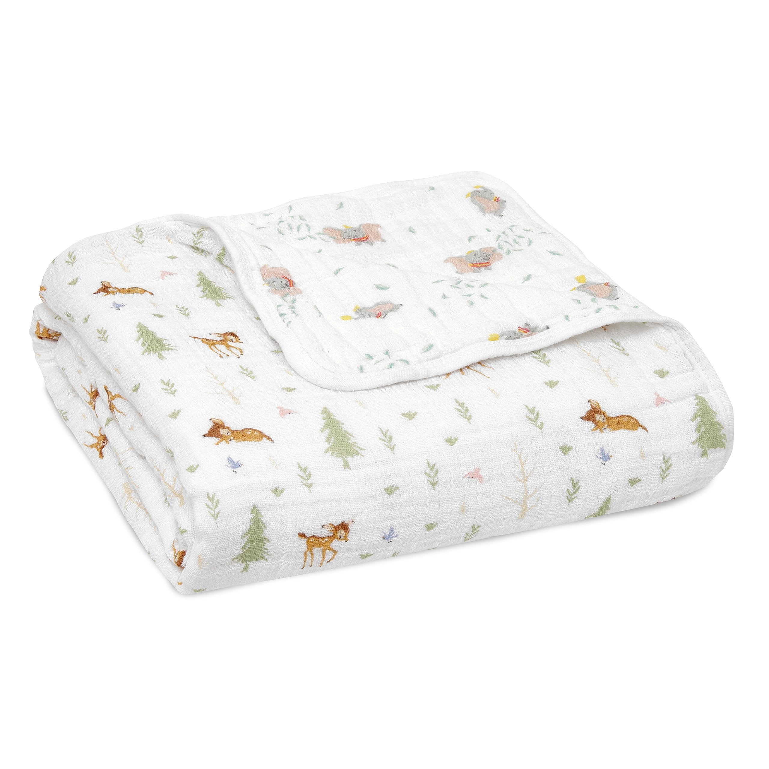 aden + anais Essentials blanket with Disney Friends-Bambi Forest pattern for cozy four-layer muslin warmth.
