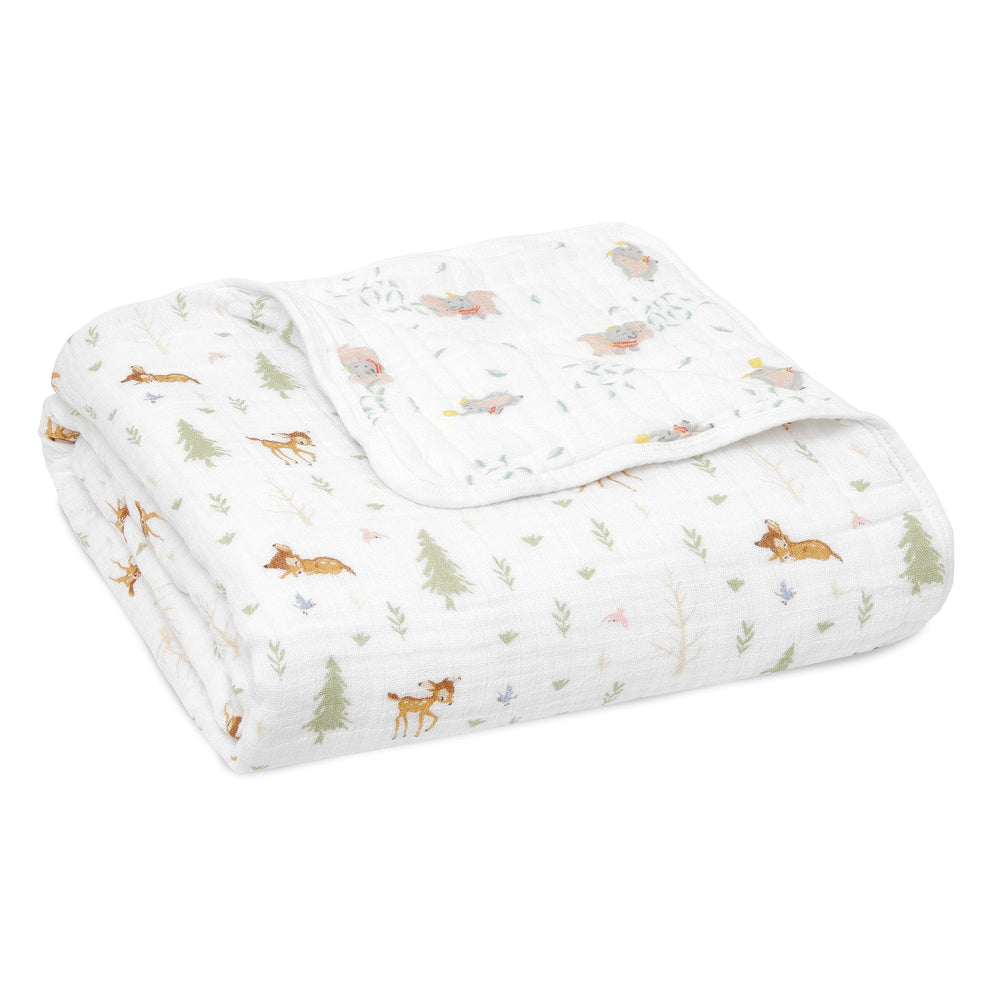 aden + anais Essentials blanket with Disney Friends-Bambi Forest pattern for cozy four-layer muslin warmth.