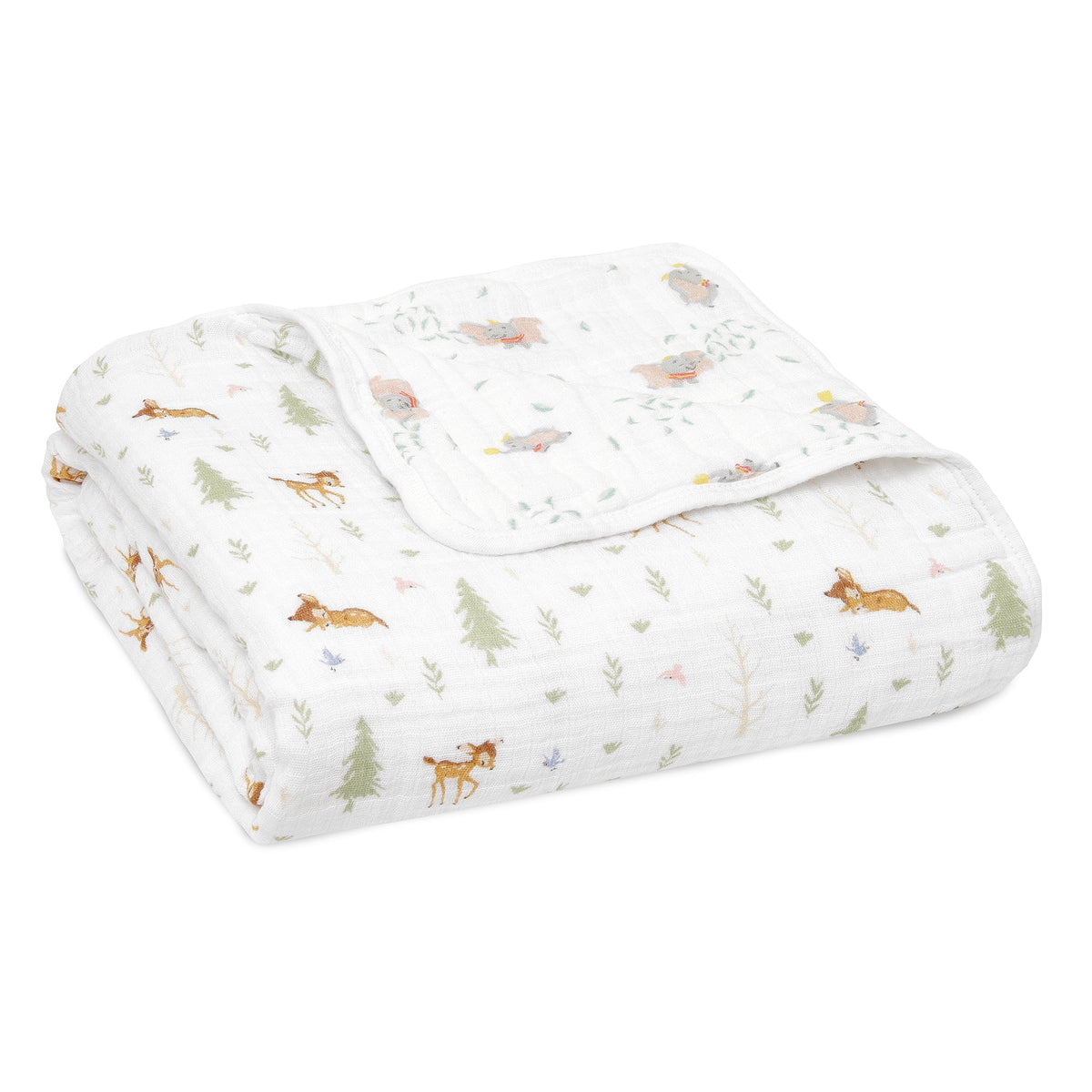 aden + anais Essentials blanket with Disney Friends-Bambi Forest pattern for cozy four-layer muslin warmth.