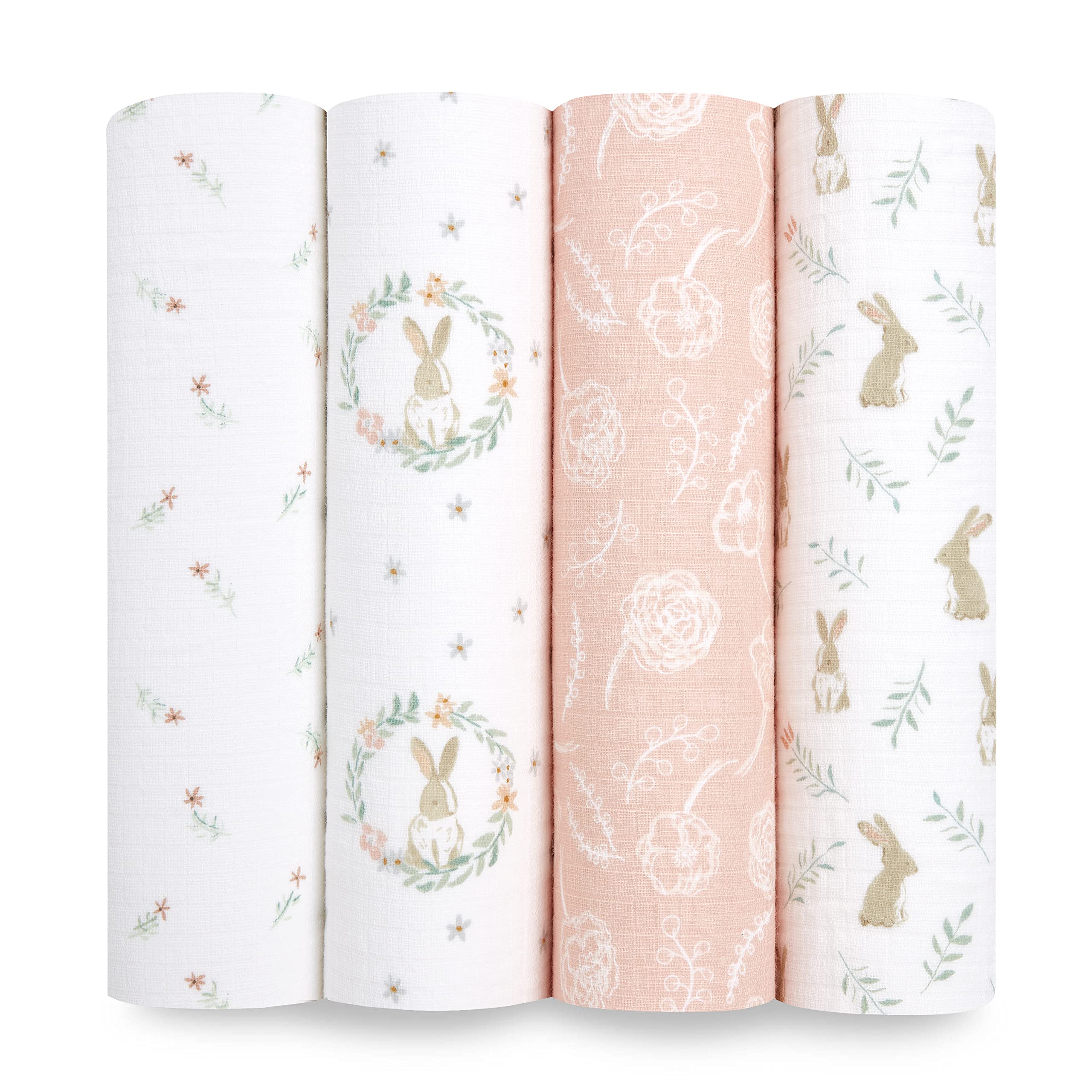 aden + anais Essentials Muslin Swaddle Blanket Blushing Bunnies in breathable cotton for baby comfort.