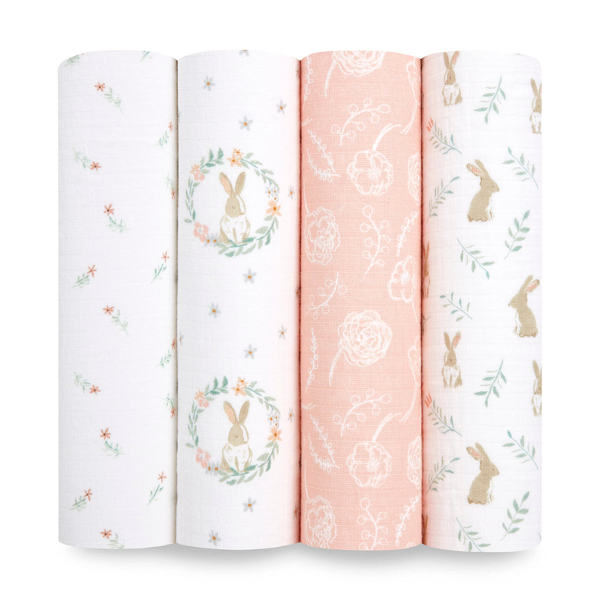 aden + anais Essentials Muslin Swaddle Blanket Blushing Bunnies in breathable cotton for baby comfort.