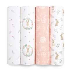aden + anais Essentials Muslin Swaddle Blanket Blushing Bunnies in breathable cotton for baby comfort.