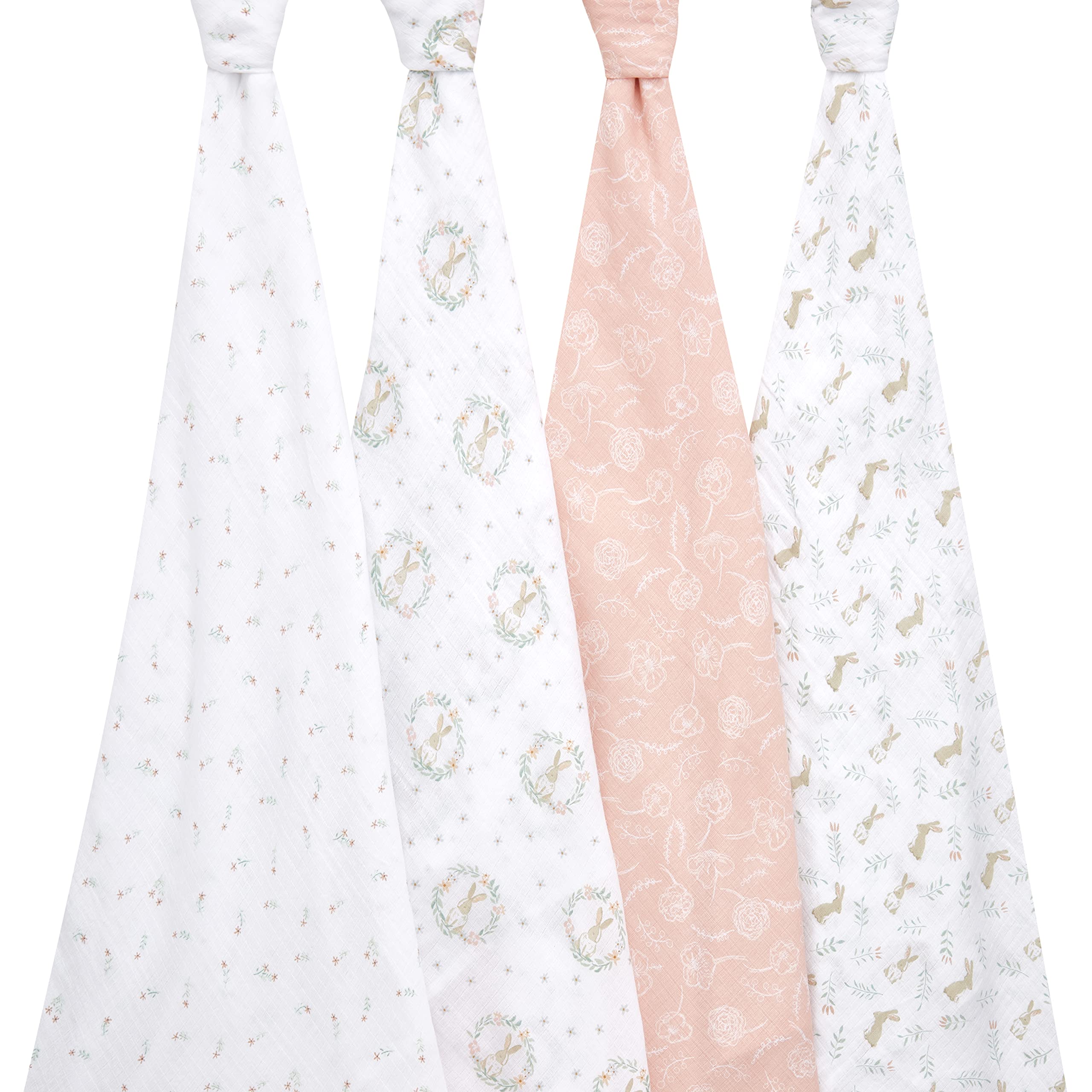 aden + anais baby swaddle Blushing Bunnies showcases ultra-soft cotton that softens with every wash.