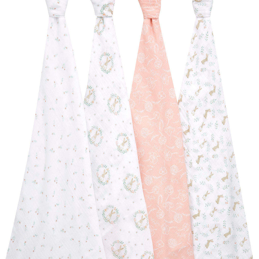 aden + anais baby swaddle Blushing Bunnies showcases ultra-soft cotton that softens with every wash.
