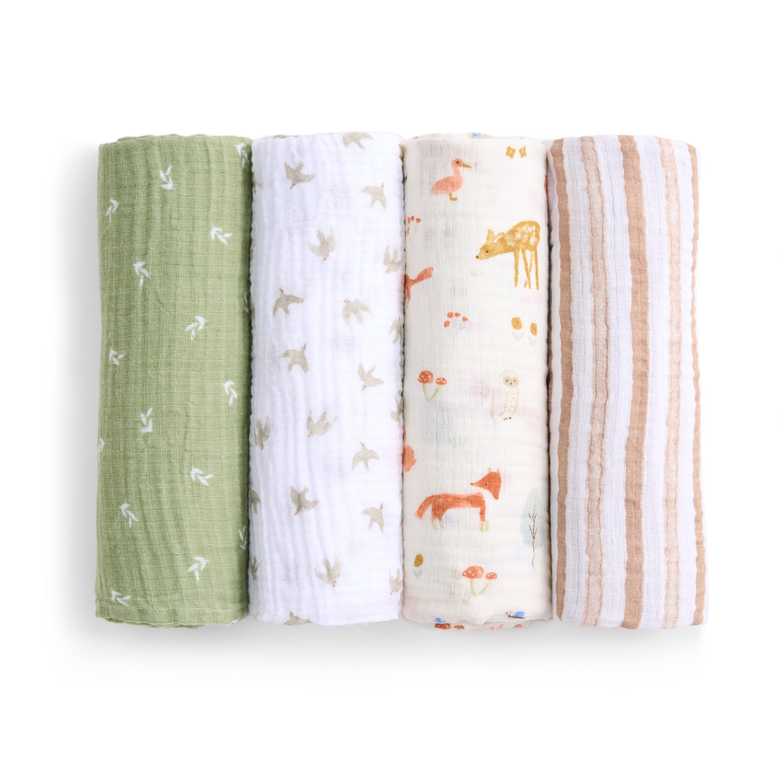 aden + anais essentials muslin swaddle Sage Woodland pattern provides breathable comfort for newborns.
