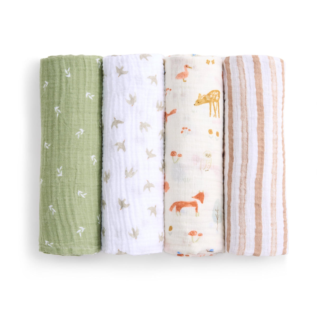 aden + anais essentials muslin swaddle Sage Woodland pattern provides breathable comfort for newborns.
