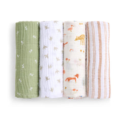 aden + anais essentials muslin swaddle Sage Woodland pattern provides breathable comfort for newborns.