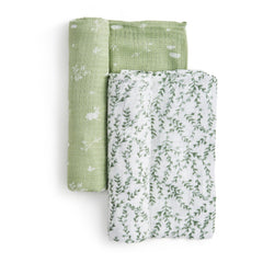 aden + anais Nature Friends swaddle used as stroller cover for sun protection.