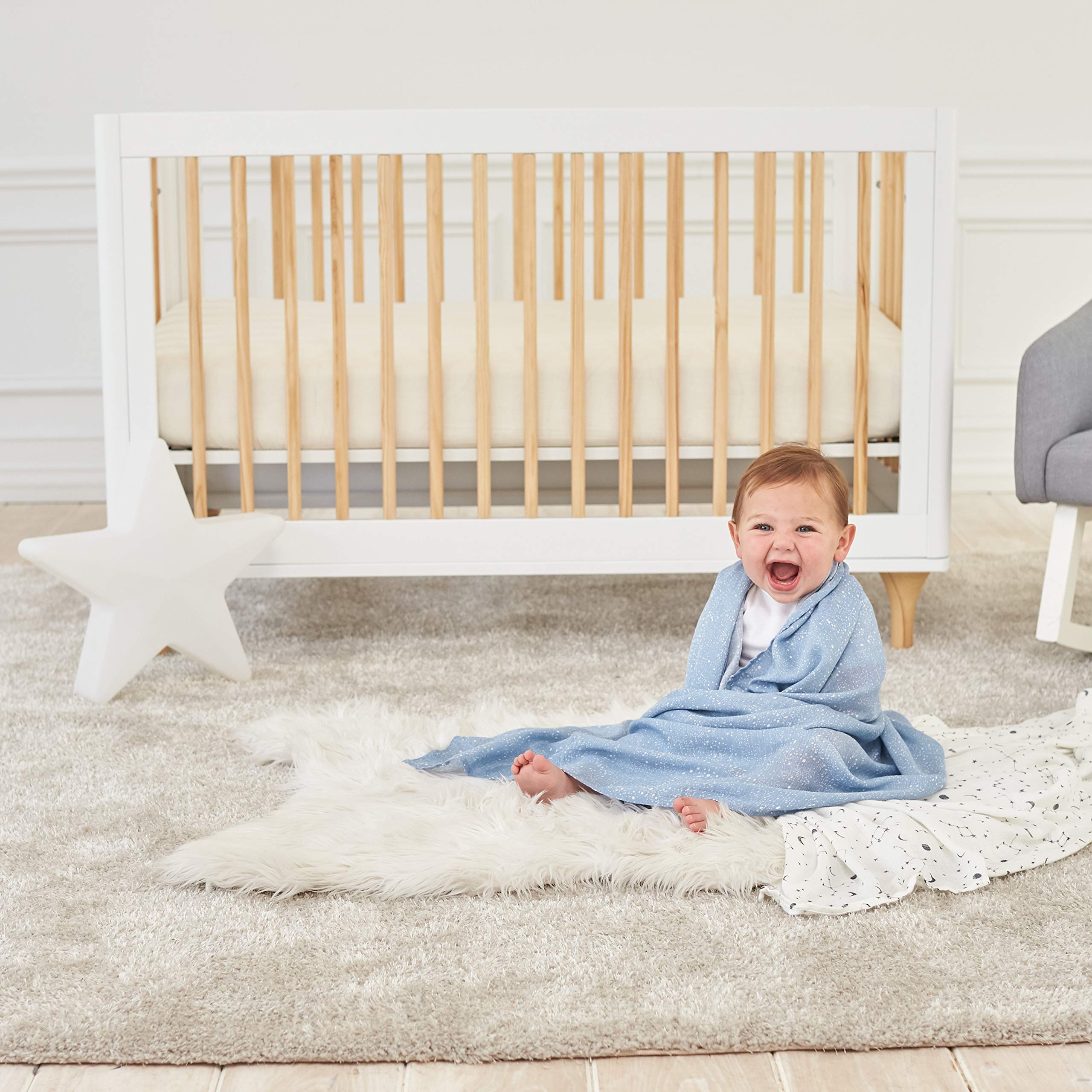 aden + anais Essentials Silky Soft Swaddle Cosmic Galaxy used as nursing cover for discreet feeding