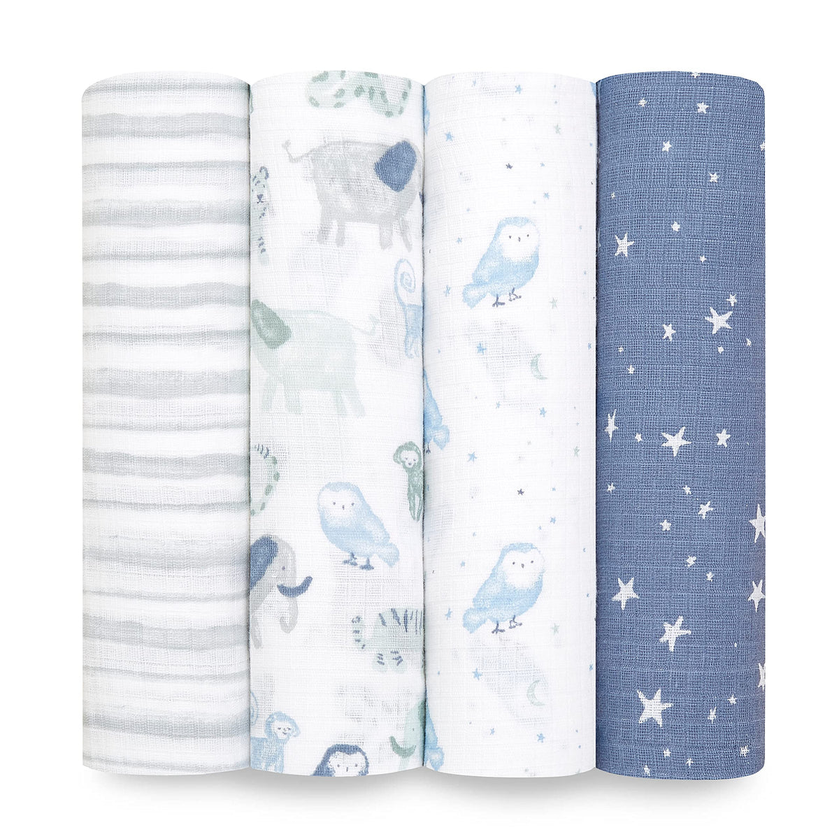 aden + anais Essentials swaddle blanket folded shows soft muslin for newborn comfort.