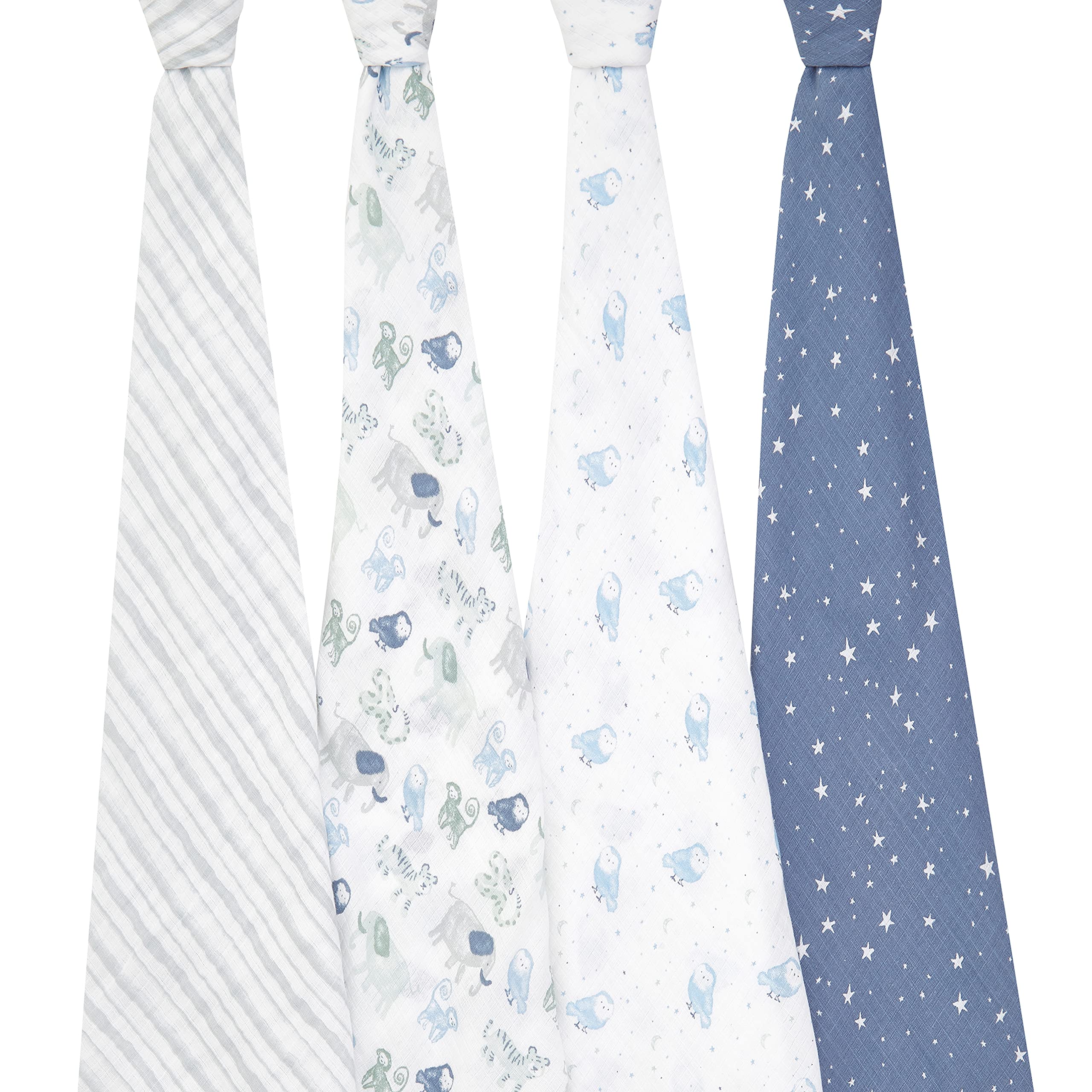 aden + anais Essentials swaddle blanket prints on display highlight coordinated nursery style.
