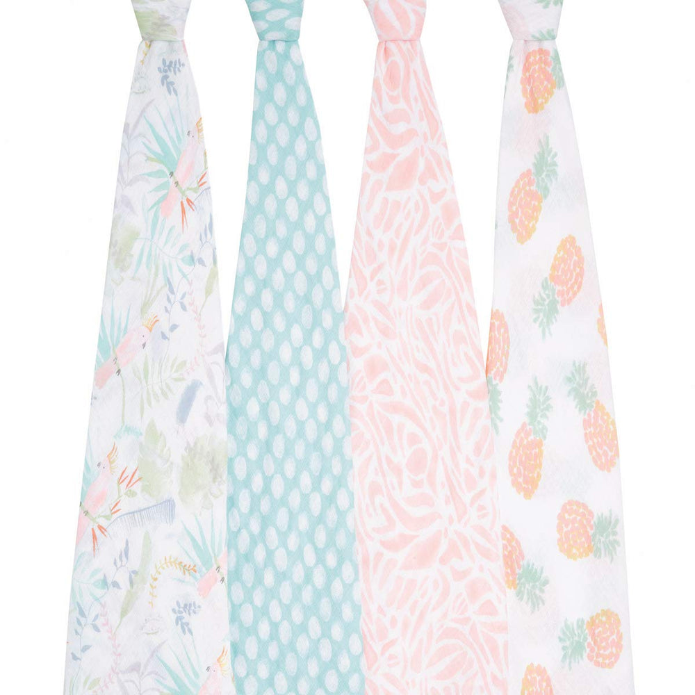 aden + anais Essentials Swaddle Tropicalia blanket wrapped as a receiving blanket