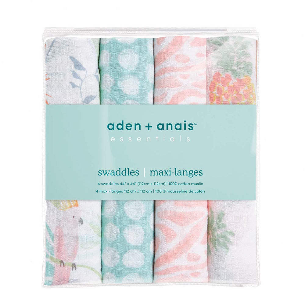 aden + anais Essentials Swaddle Tropicalia blanket used as a stroller cover for shade