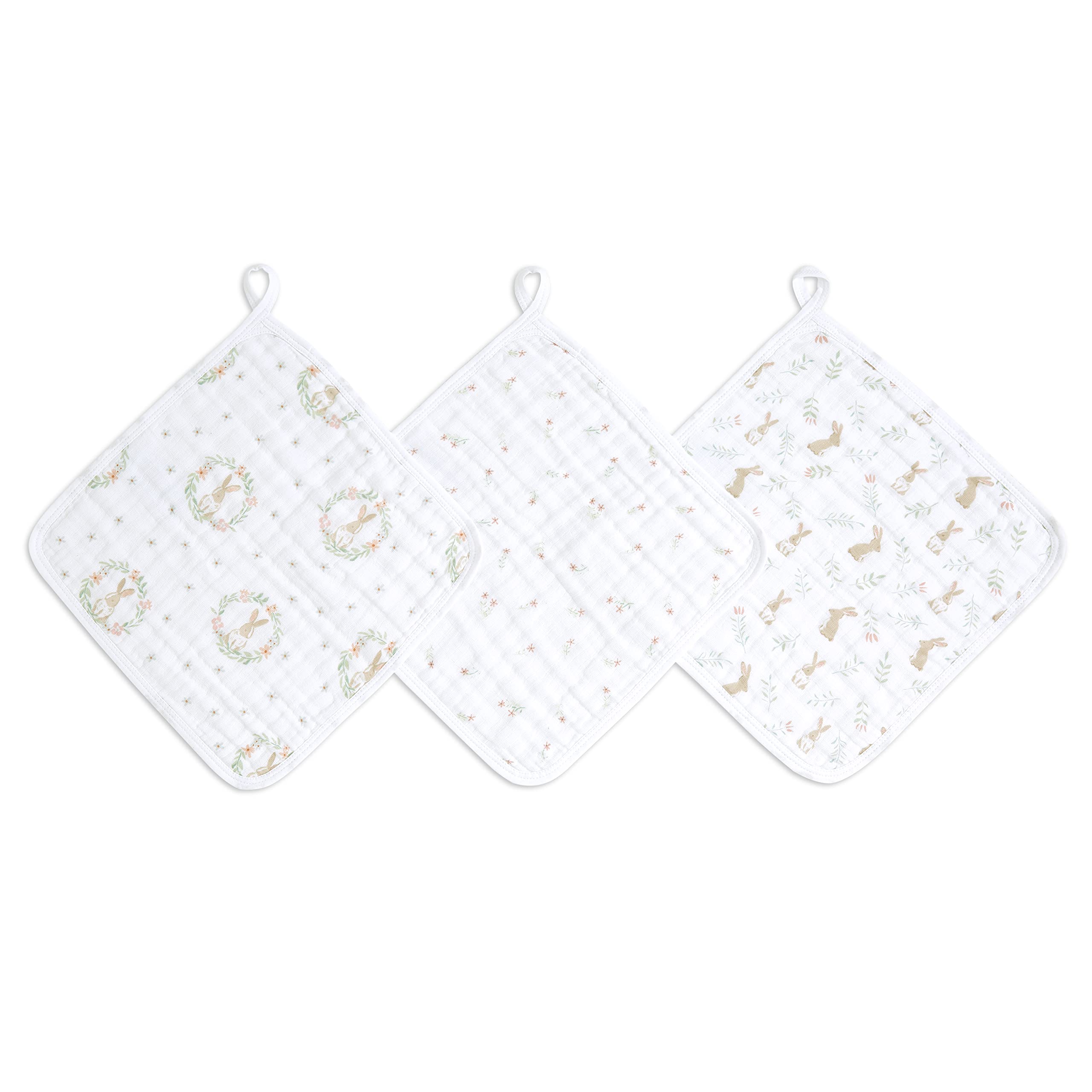 aden + anais Essentials washcloth close-up shows ultra-soft muslin for gentle baby cleansing.
