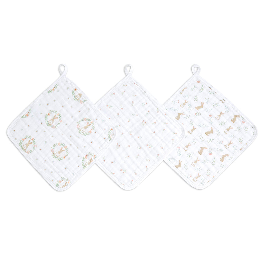 aden + anais Essentials washcloth close-up shows ultra-soft muslin for gentle baby cleansing.