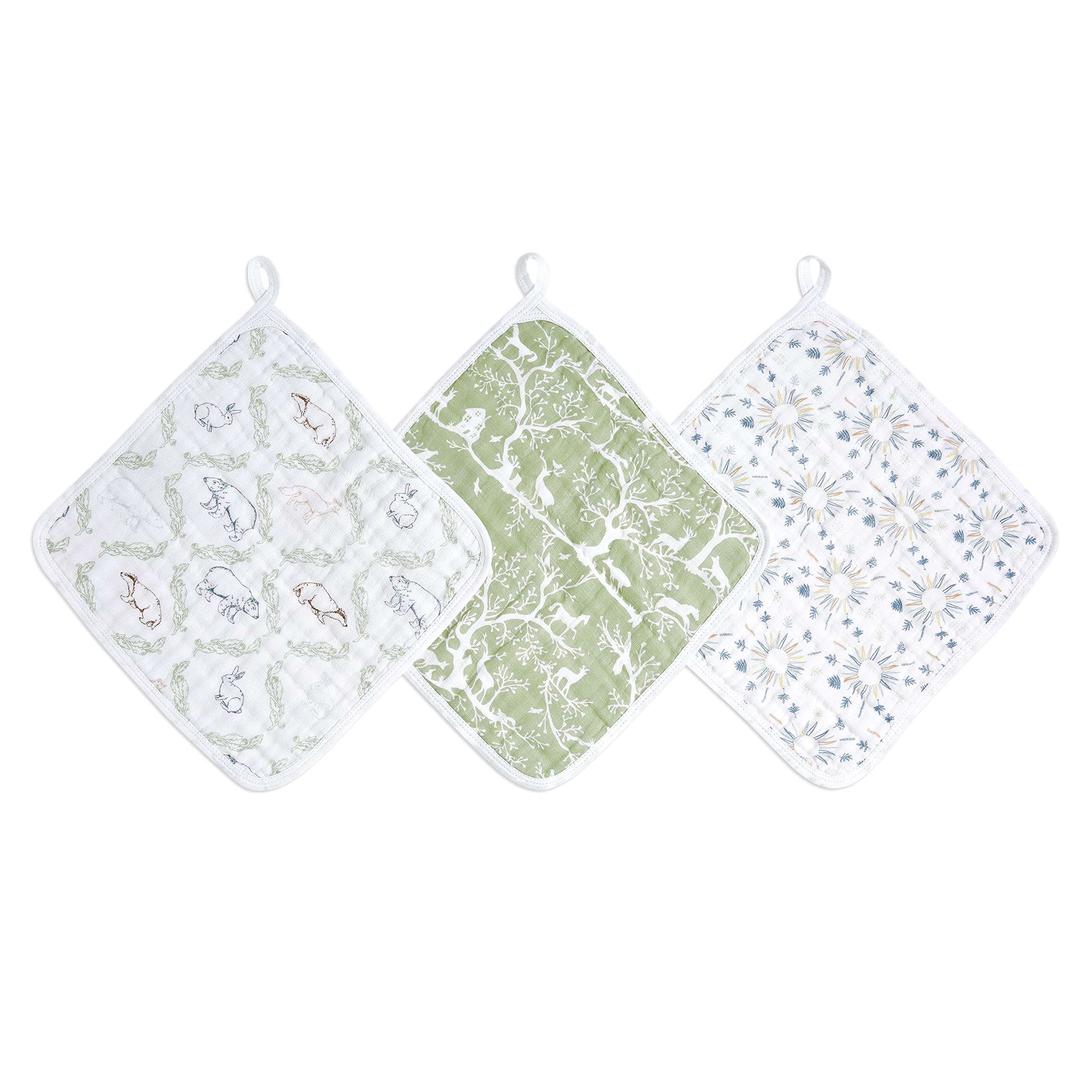 aden + anais Essentials Washcloth 3-Pack flatlay highlighting gentle muslin for baby cleanup
