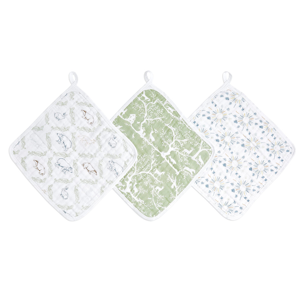 aden + anais Essentials Washcloth 3-Pack flatlay highlighting gentle muslin for baby cleanup