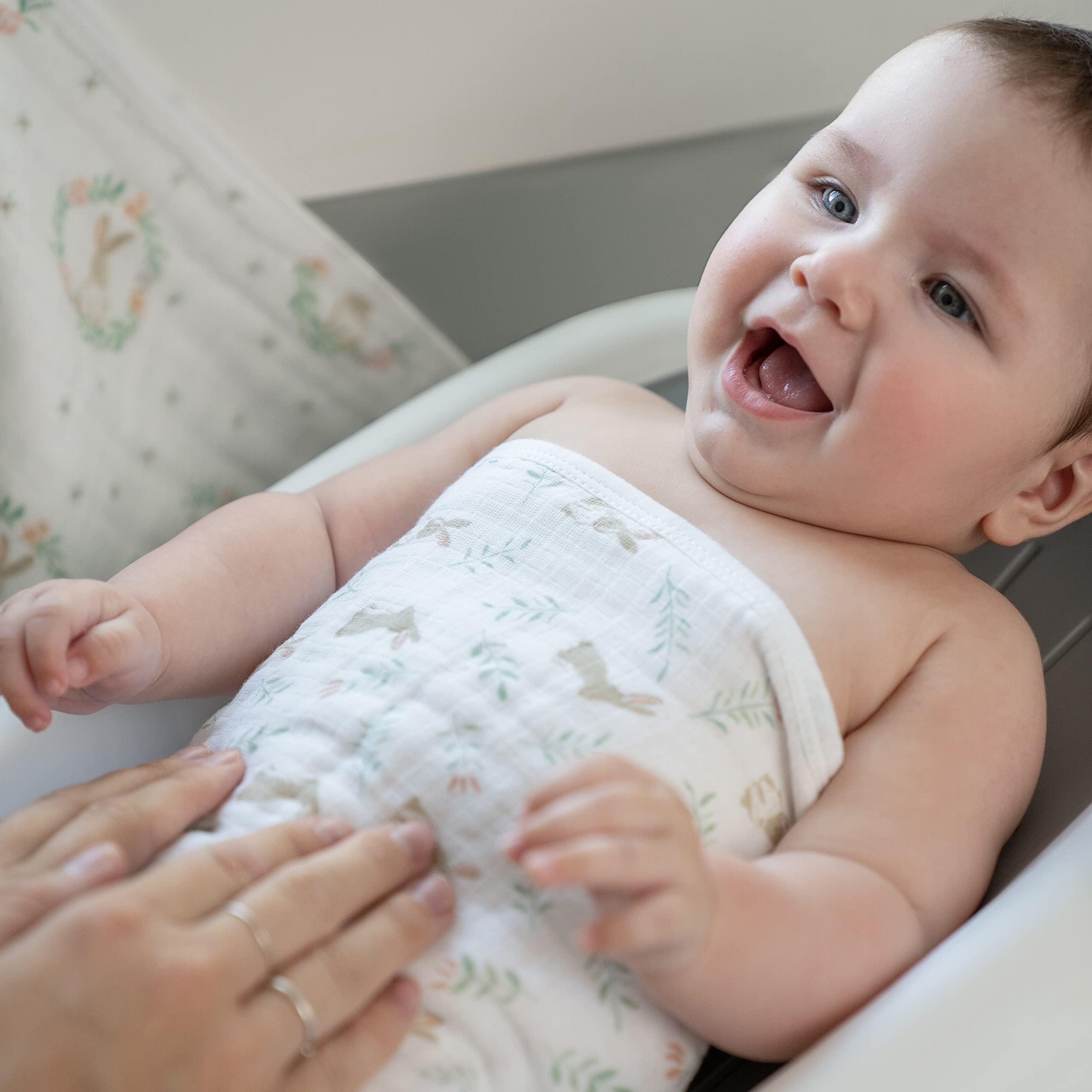 aden + anais Essentials washcloth with hanging loop for easy drying and storage.