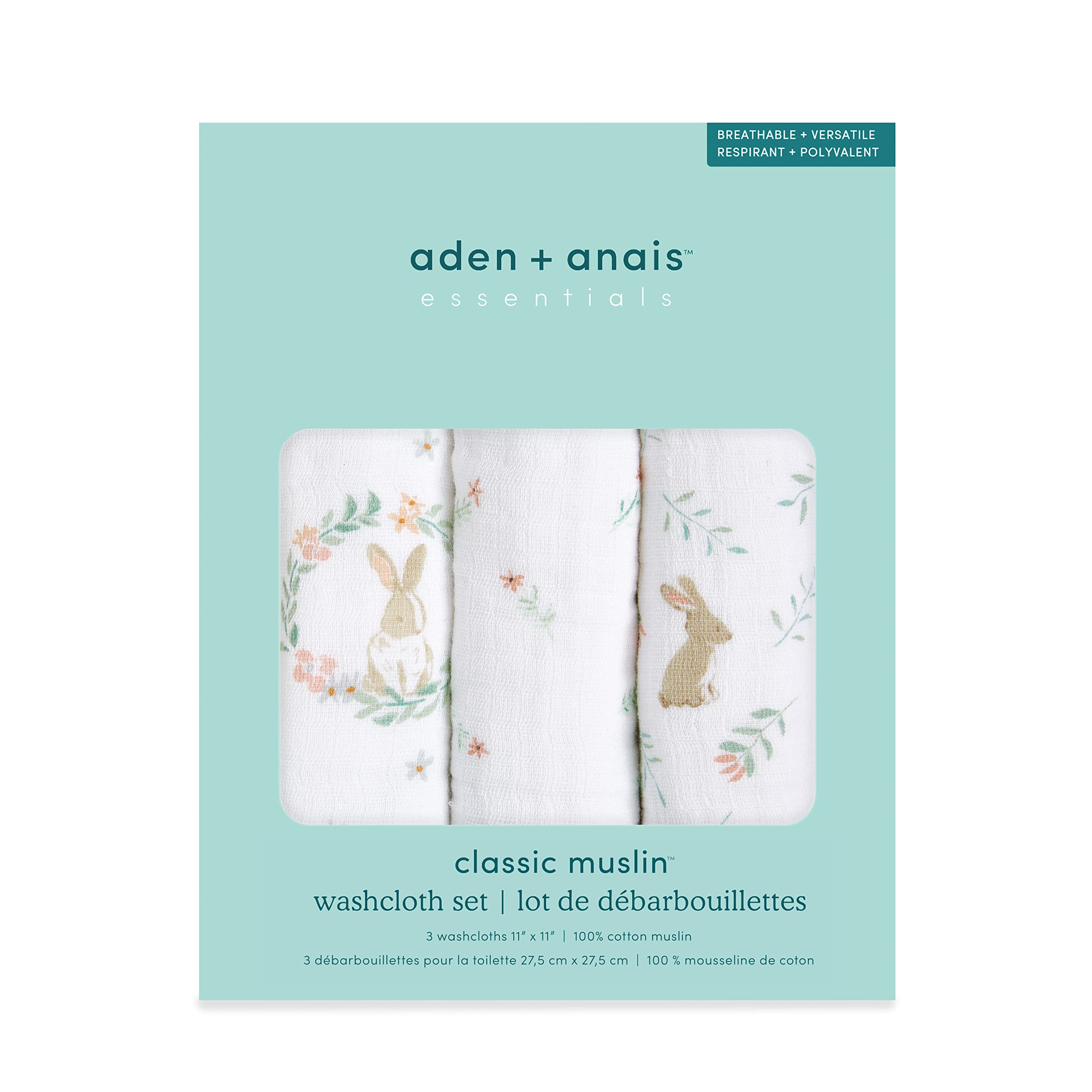 aden + anais Essentials washcloth three-layer absorbent fabric for quick spill cleanup.