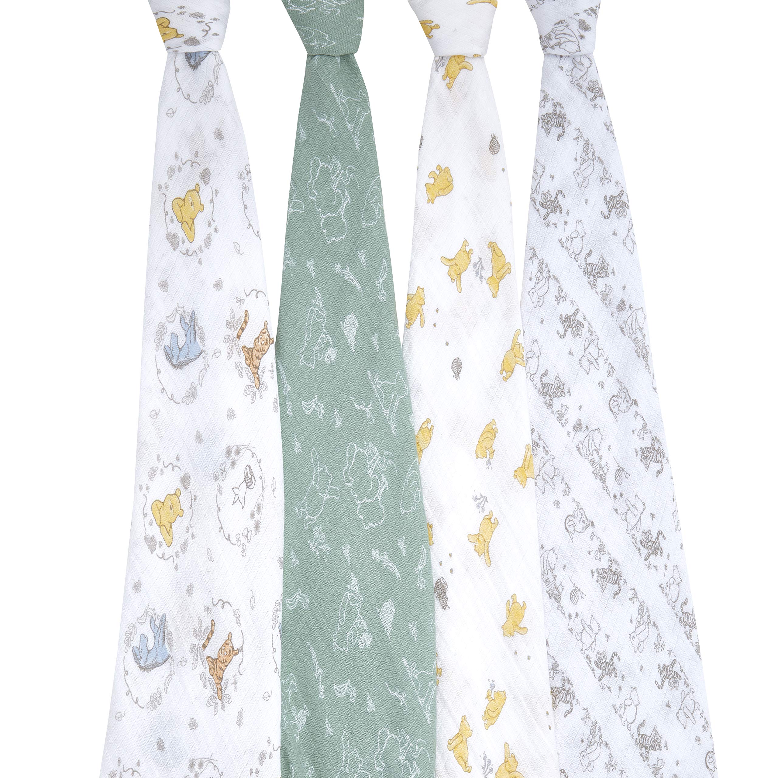 aden + anais Winnie + Friends swaddle blanket worn by baby for secure comfort during cuddles