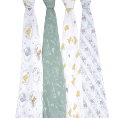 aden + anais Winnie + Friends swaddle blanket worn by baby for secure comfort during cuddles