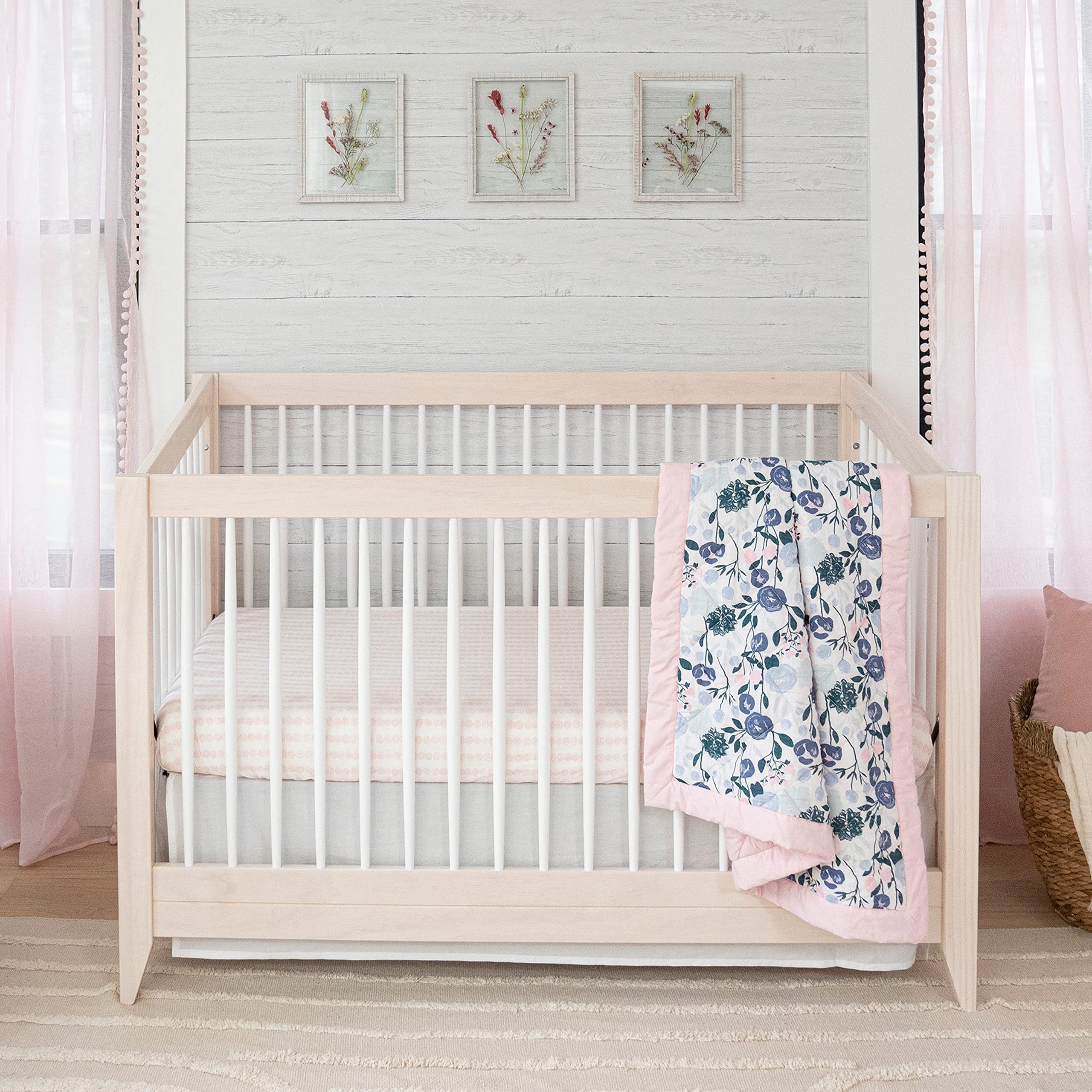 aden + anais Flowers Bloom crib skirt full view demonstrating snug fit for standard cribs