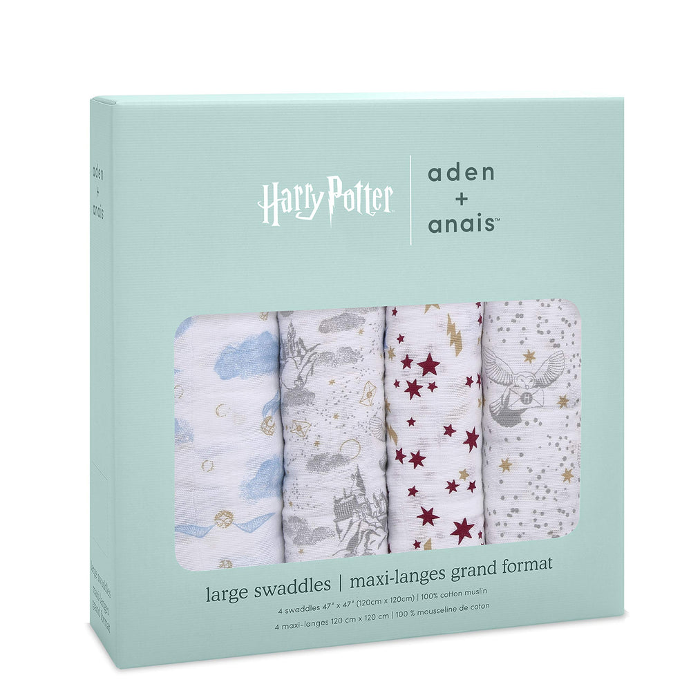 aden + anais Harry Potter swaddle blanket pattern highlights breathable fabric for cozy swaddling.
