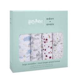 aden + anais Harry Potter swaddle blanket pattern highlights breathable fabric for cozy swaddling.