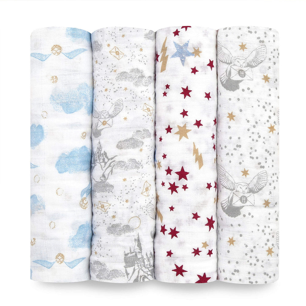 aden + anais Harry Potter swaddle blanket close-up shows soft muslin for gentle newborn comfort.