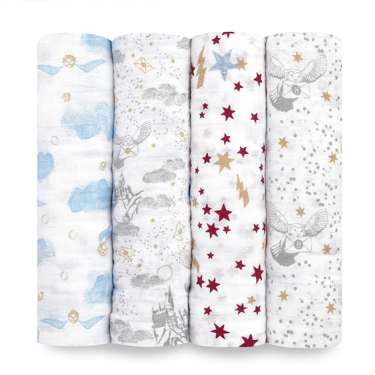 aden + anais Harry Potter swaddle blanket close-up shows soft muslin for gentle newborn comfort.