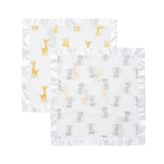 Issie security blanket two-pack demonstrates convenient ready-for-travel baby comfort.