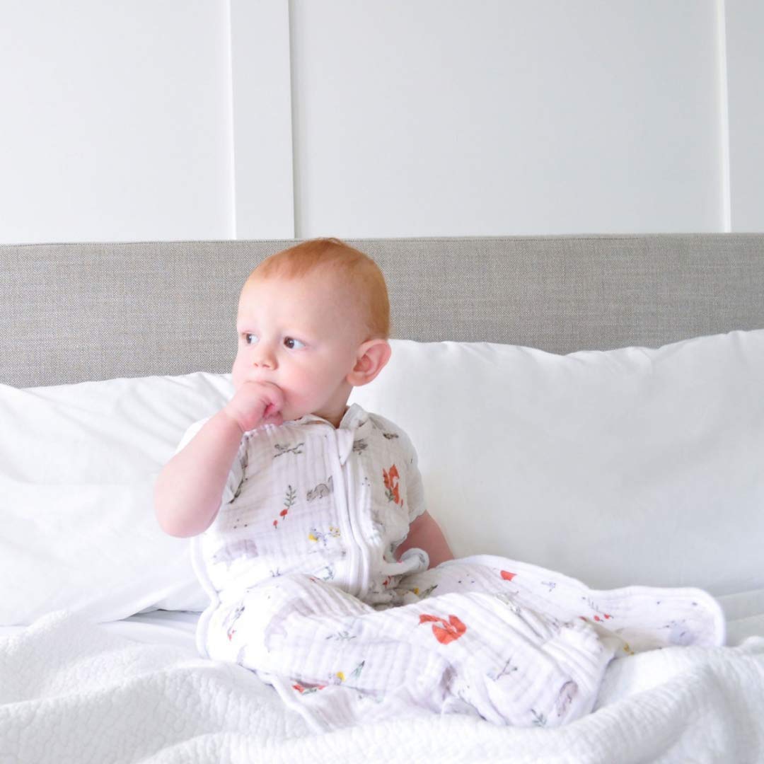 aden-anais muslin sleeping bag folded highlights soft, durable fabric that stays soft with washes.