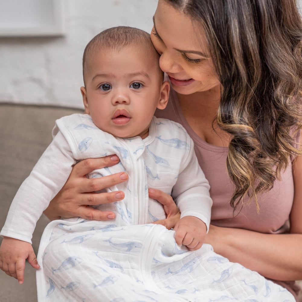 aden + anais Oceanic sleeping bag bottom zipper enables quick diaper changes.
