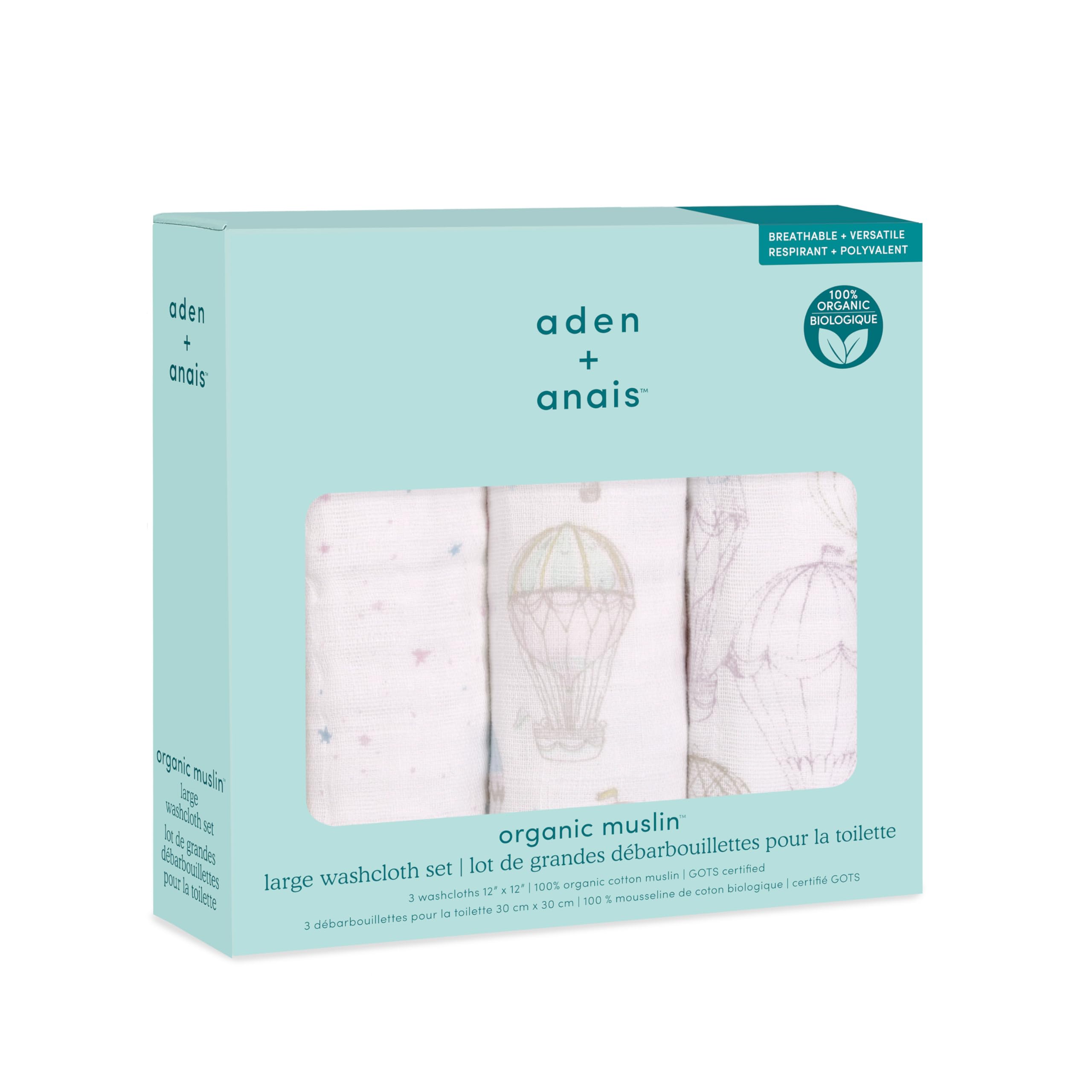 aden + anais Organic Washcloth 3-pack demonstrating oversized 12x12 size for quick cleanups