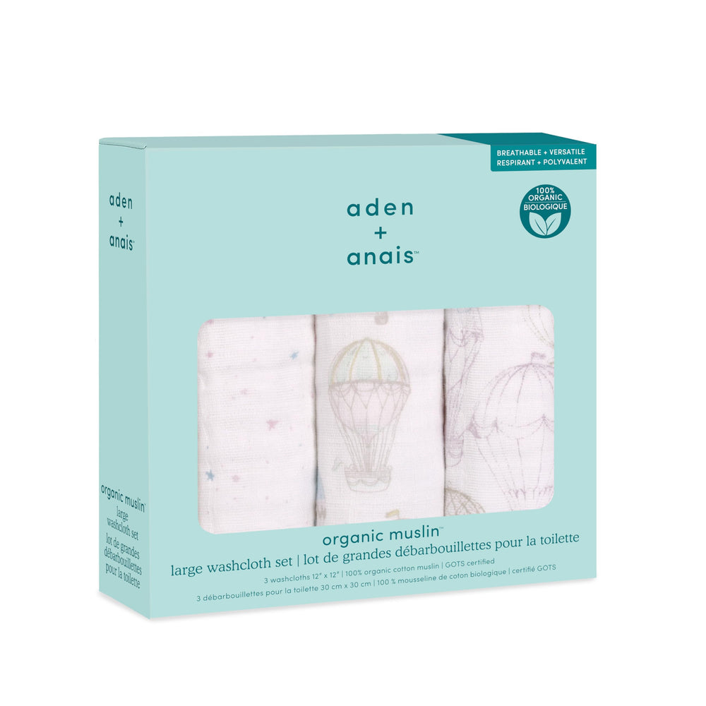 aden + anais Organic Washcloth 3-pack demonstrating oversized 12x12 size for quick cleanups