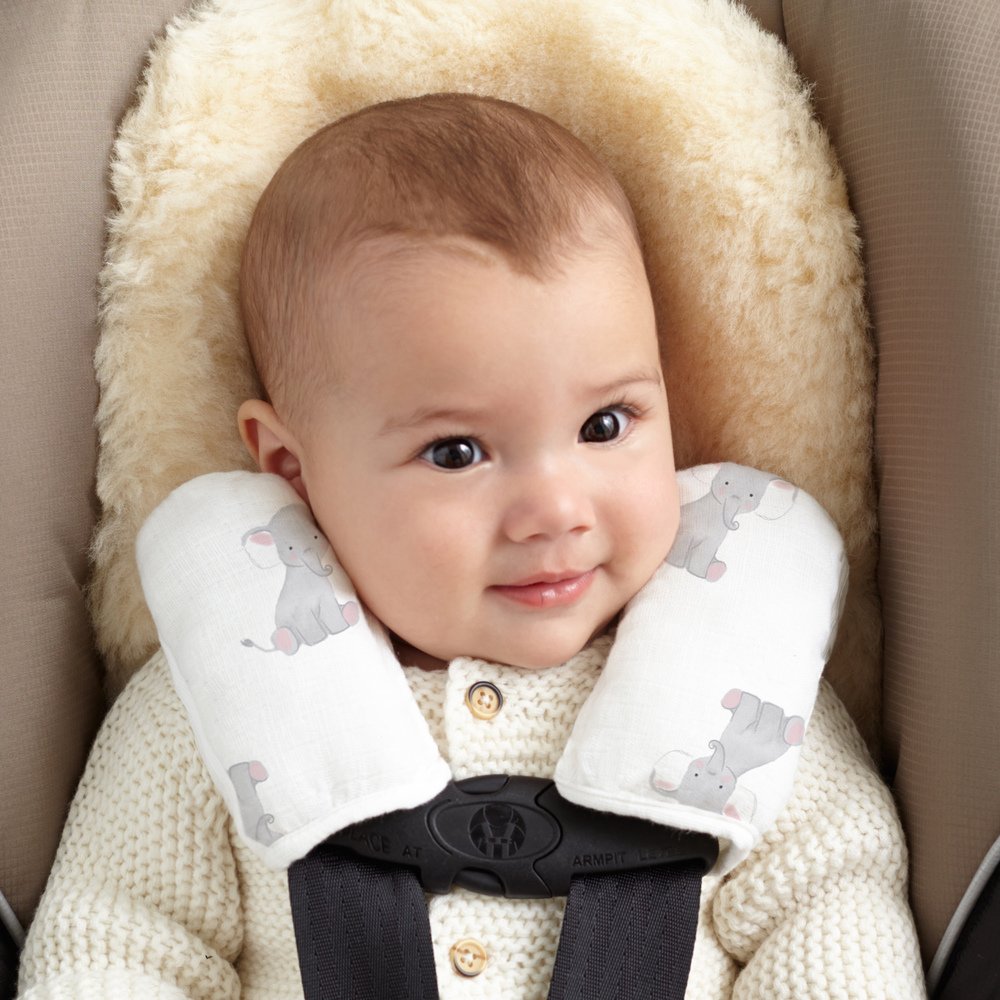 aden + anais safari babes elephant strap cover close-up soft muslin and plush fill protects baby's skin during travel