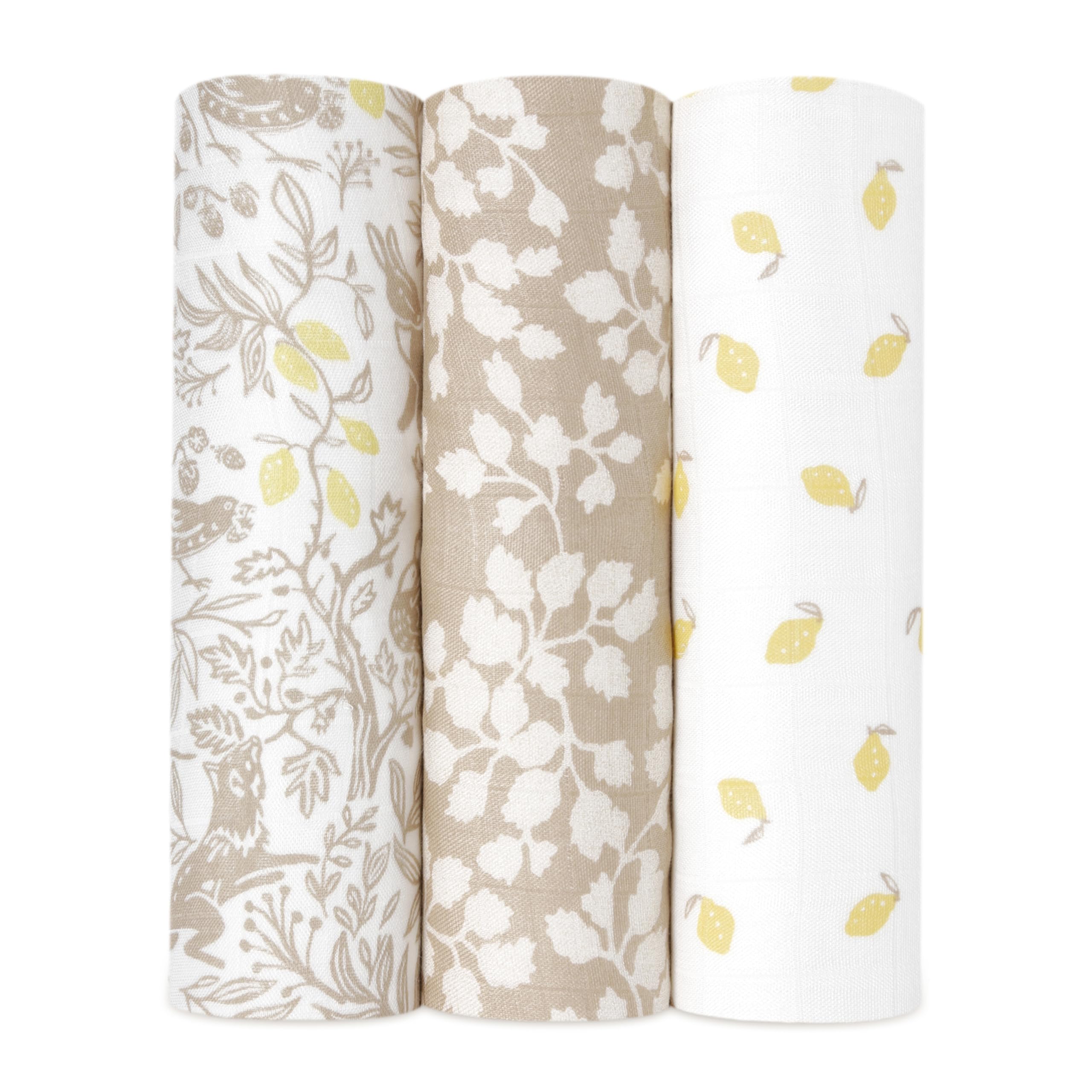 aden + anais Silky Soft Swaddle Woodland flatlay shows ultra-soft bamboo comfort for newborn skin.