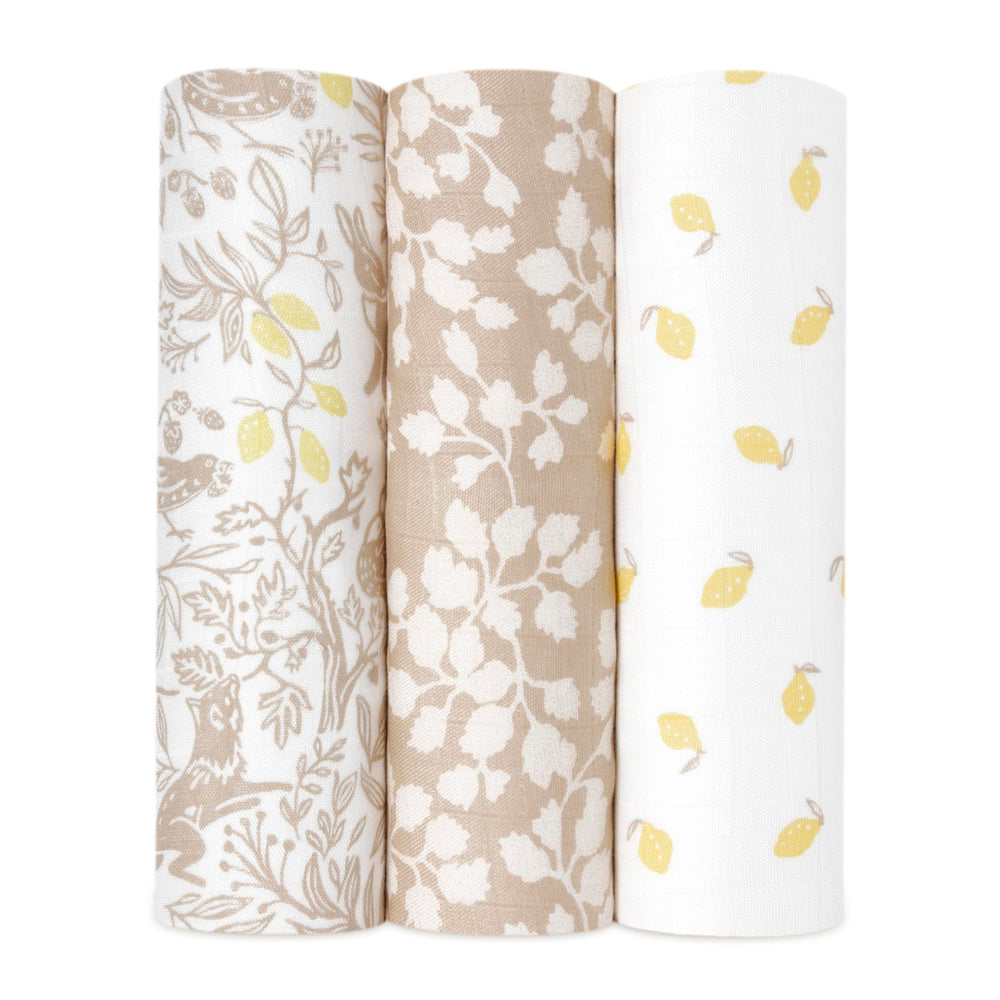 aden + anais Silky Soft Swaddle Woodland flatlay shows ultra-soft bamboo comfort for newborn skin.