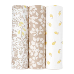 aden + anais Silky Soft Swaddle Woodland flatlay shows ultra-soft bamboo comfort for newborn skin.