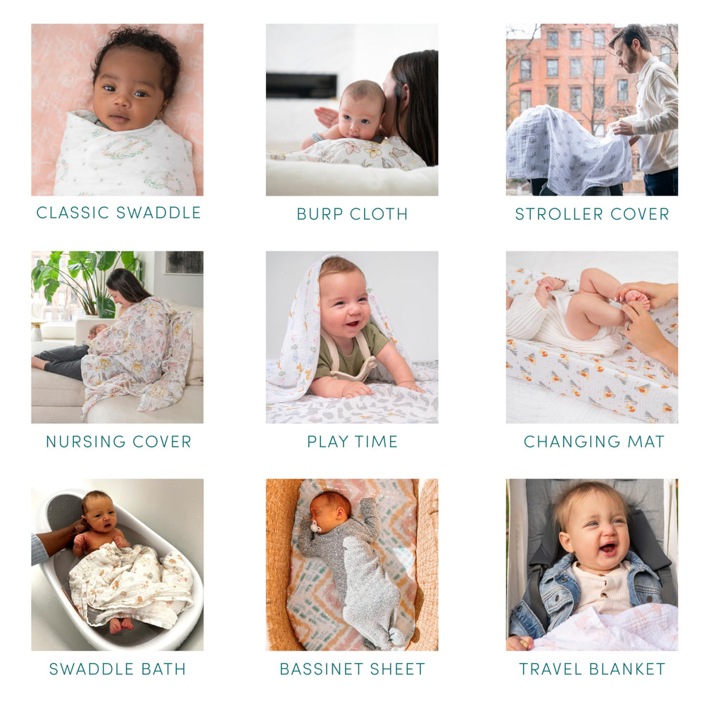 aden + anais Silky Soft Swaddle Woodland care shot highlights machine-washable convenience.