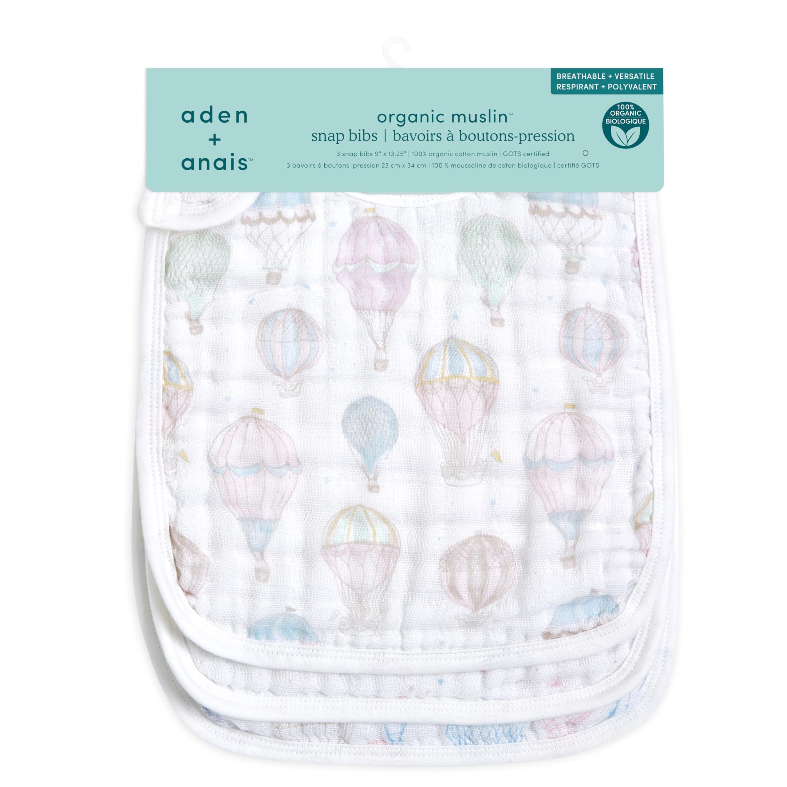 aden-anais snap bib above the clouds print back highlights gentle fabric against baby’s skin.