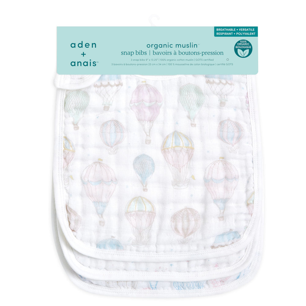 aden-anais snap bib above the clouds print back highlights gentle fabric against baby’s skin.