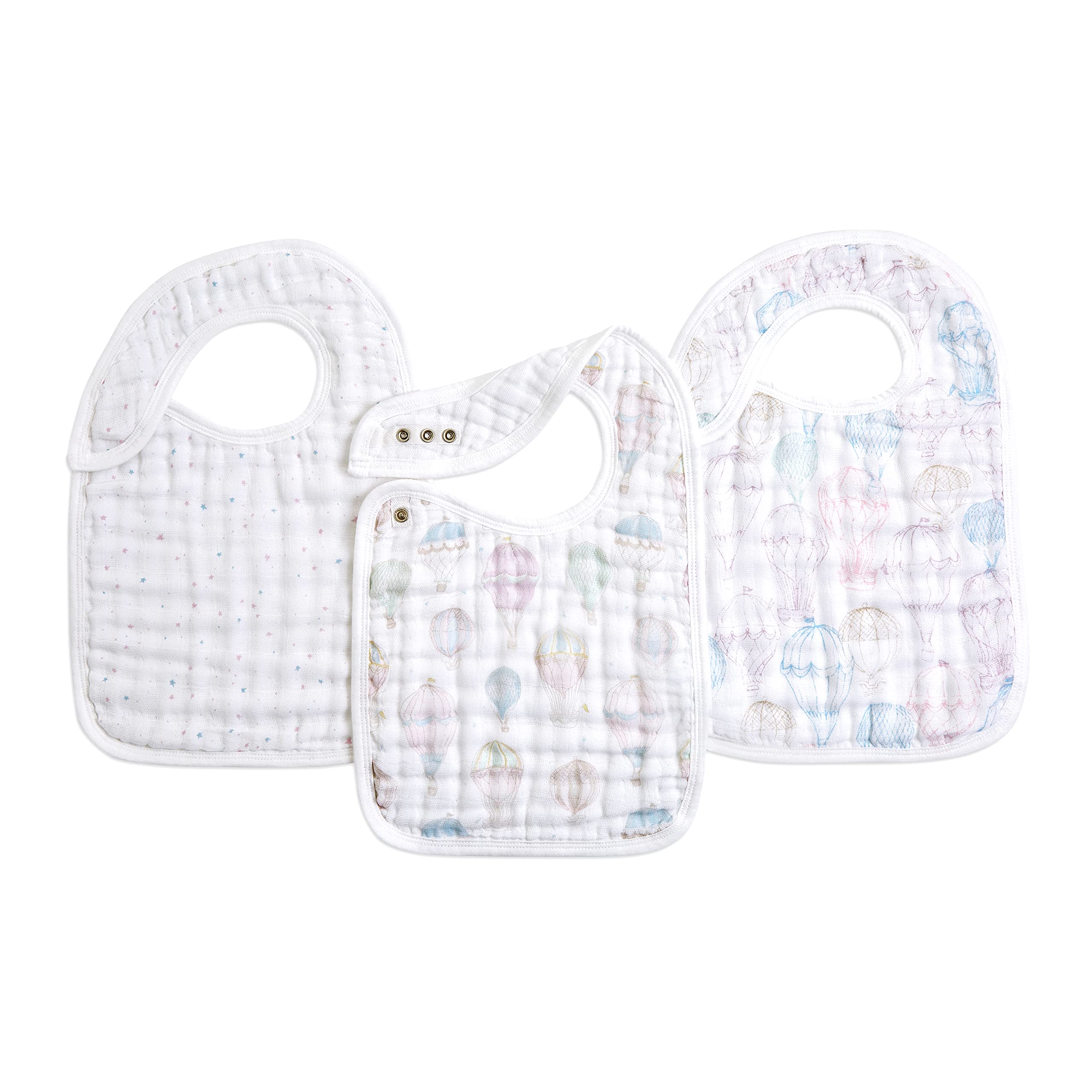 aden-anais snap bib above the clouds print front demonstrates three-layer absorbent muslin for spills.