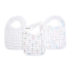 aden-anais snap bib above the clouds print front demonstrates three-layer absorbent muslin for spills.