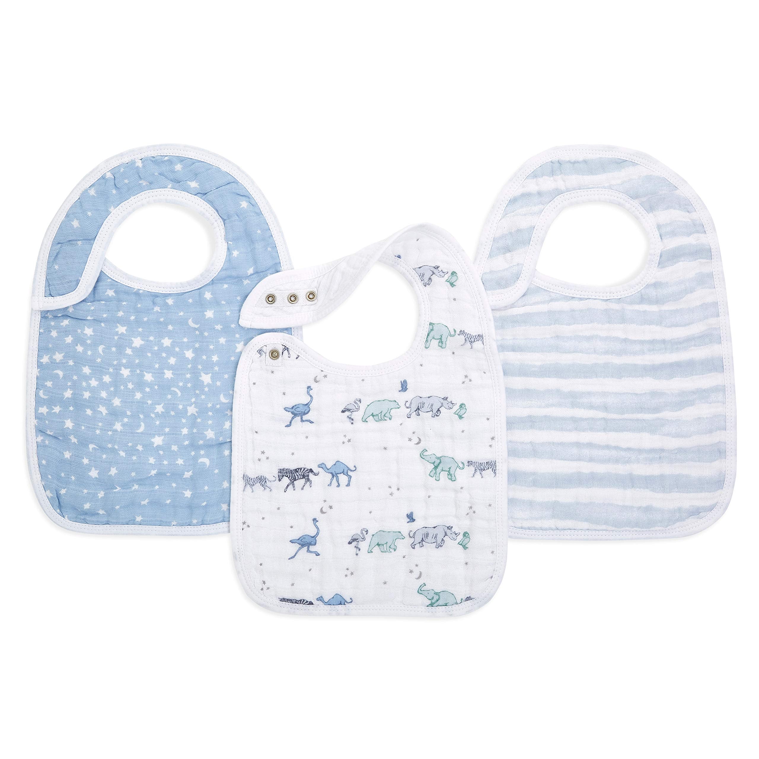 aden + anais Snap Bib front view shows soft three-layer muslin for spills.