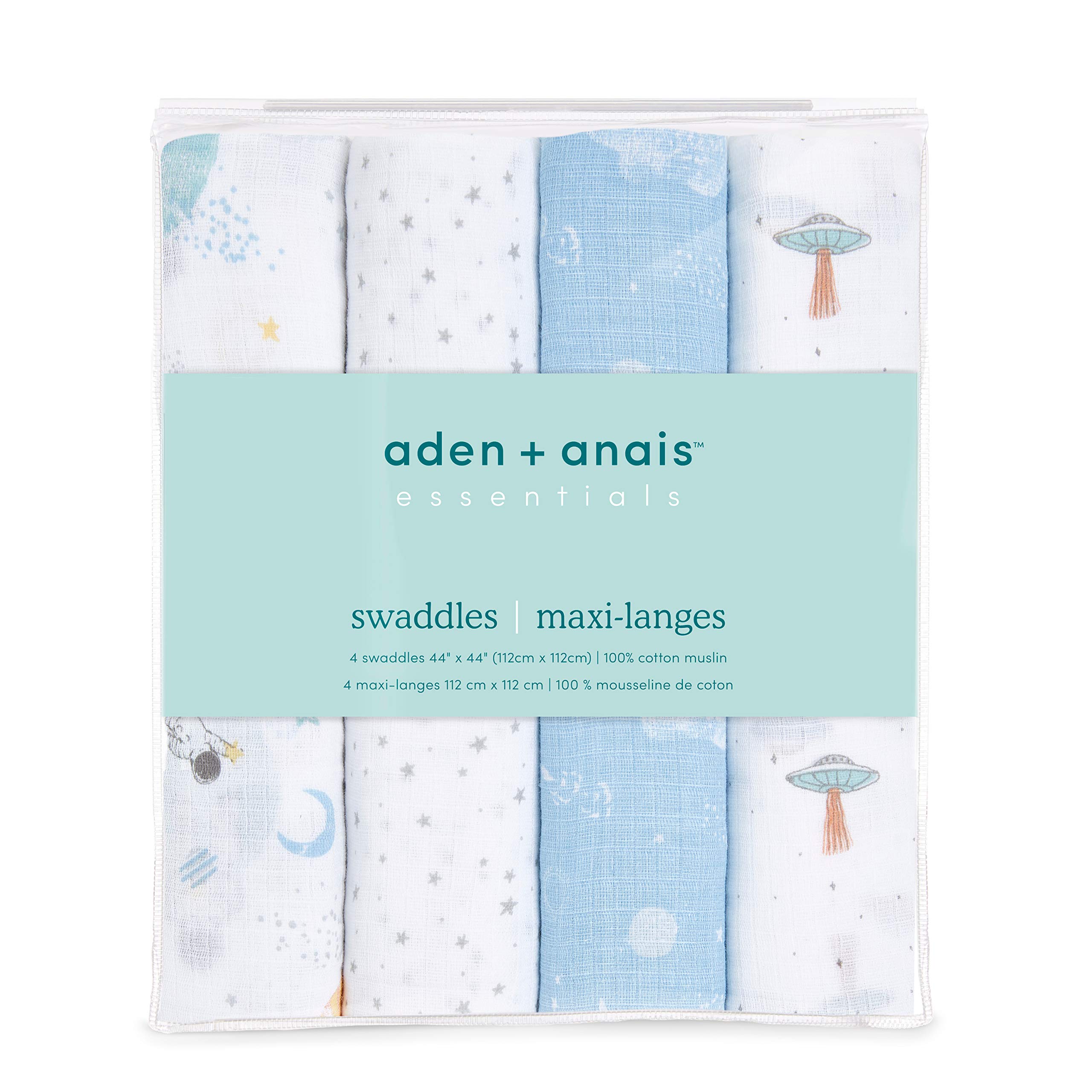 aden + anais Space Explorers swaddle wrapped on baby, showcasing oversized 44x44 versatility