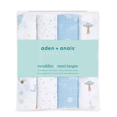 aden + anais Space Explorers swaddle wrapped on baby, showcasing oversized 44x44 versatility