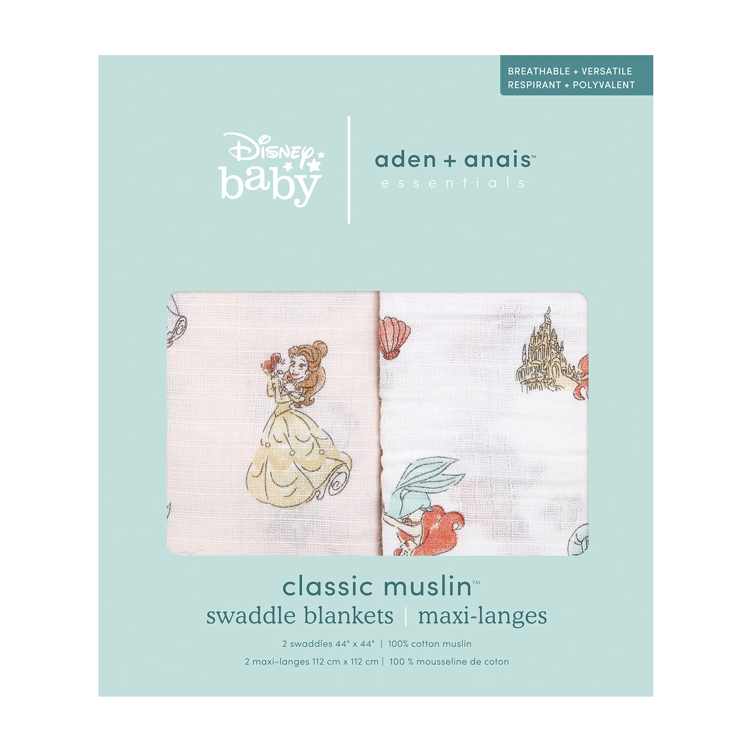 Aden + Anais two-pack swaddle blankets measure 47x47 inches for versatile use.