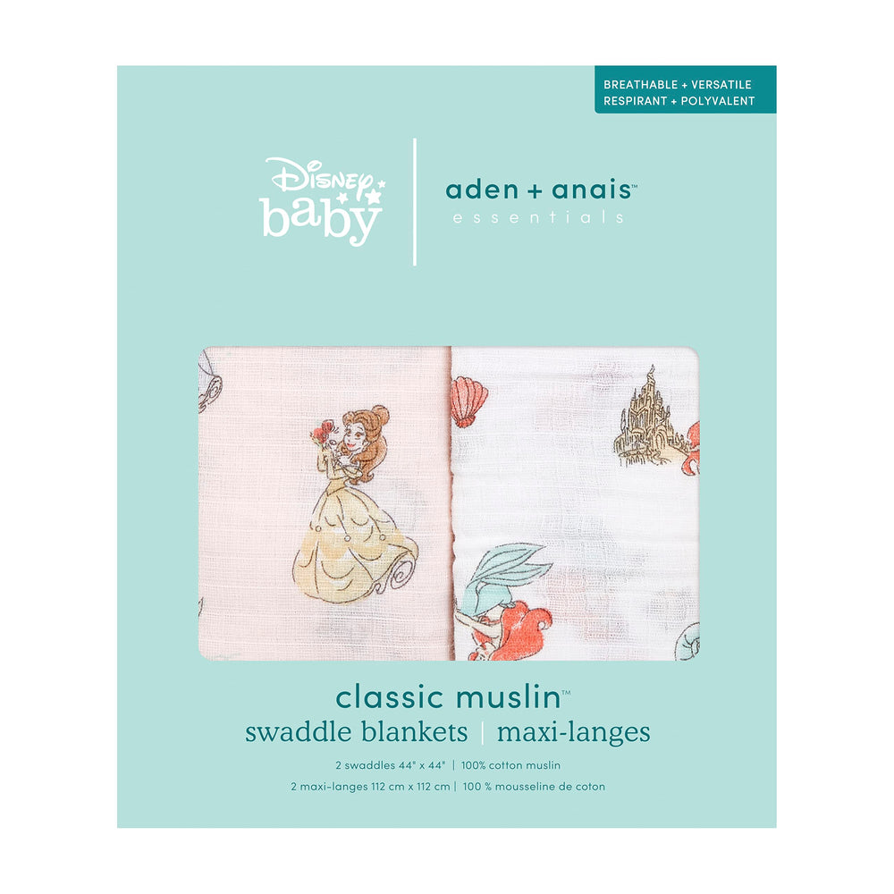 Aden + Anais two-pack swaddle blankets measure 47x47 inches for versatile use.