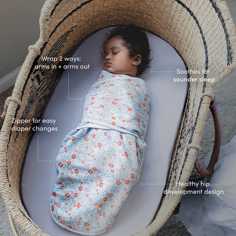aden + anais Velboa Wrap blue Scandinavian Sky swaddled infant for secure startle-free sleep